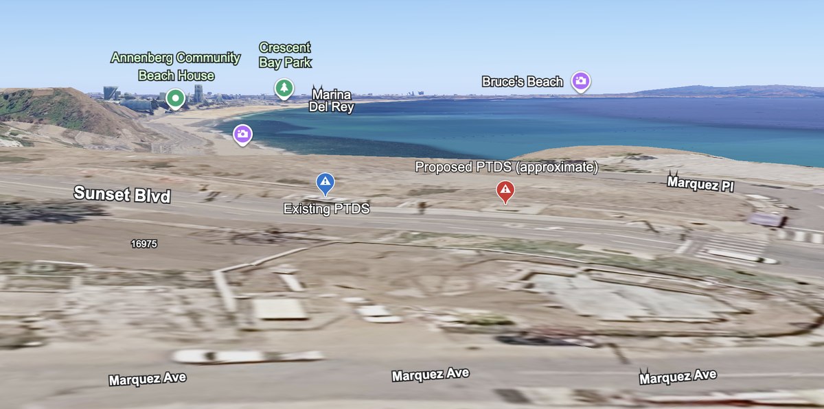 3D aerial view showing the existing PTDS and the approximate location of the proposed PTDS along Sunset Boulevard near Marquez Avenue.