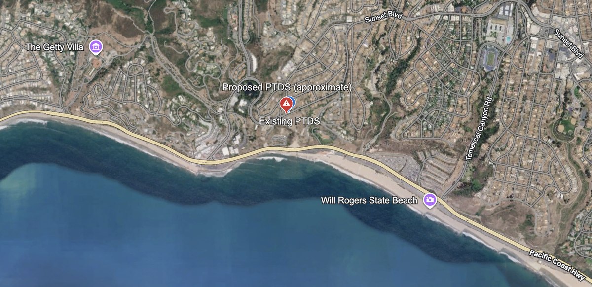 Aerial map of the Pacific Palisades coastline showing the existing PTDS and the approximate location of the proposed PTDS, near Sunset Blvd, Temescal Canyon Rd, Will Rogers State Beach and the Getty Villa.